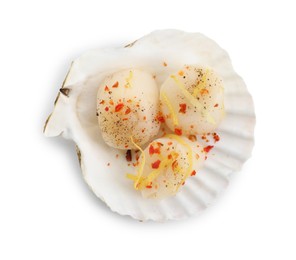 Raw scallop with lemon zest, spices and shell isolated on white, top view