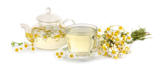 Photo of Aromatic herbal tea with chamomile flowers isolated on white