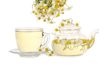 Photo of Aromatic herbal tea with chamomile flowers isolated on white