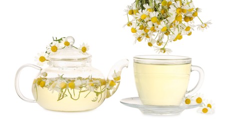 Photo of Aromatic herbal tea with chamomile flowers isolated on white