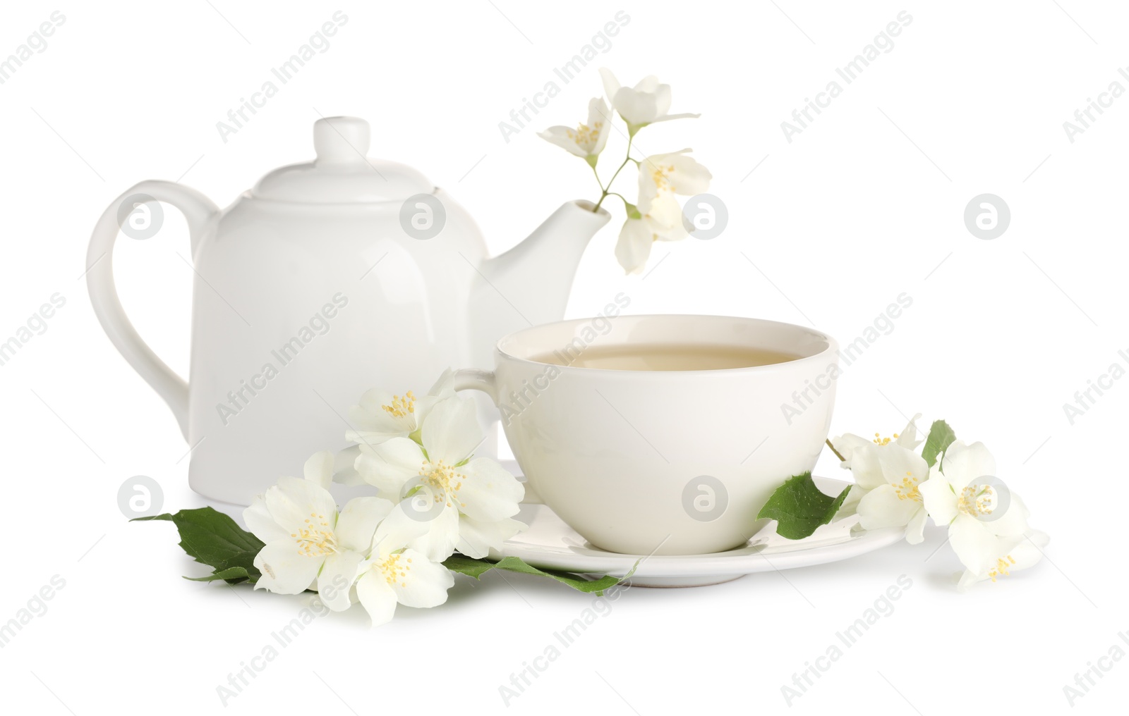 Photo of Aromatic herbal tea with jasmine flowers isolated on white