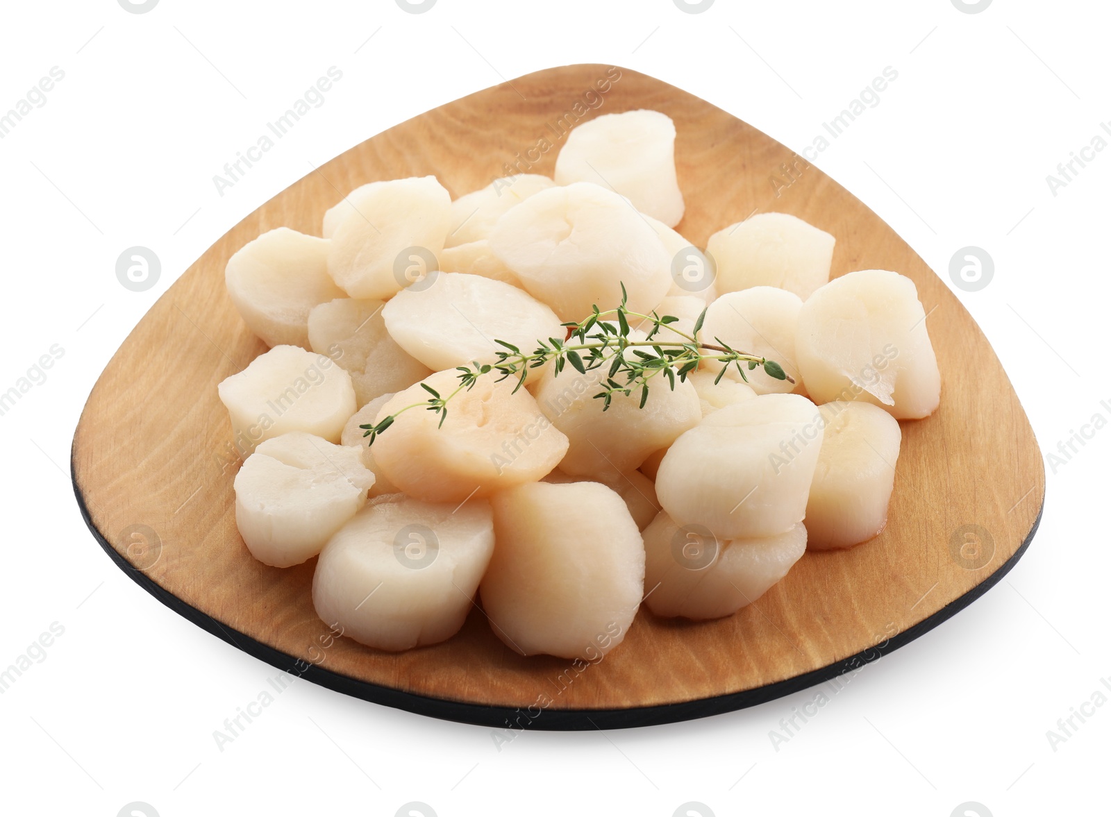 Photo of Fresh raw scallops and thyme isolated on white