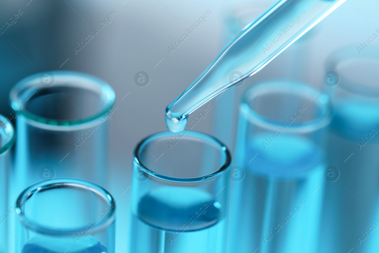 Photo of Dripping liquid from pipette into test tube on blurred background, closeup