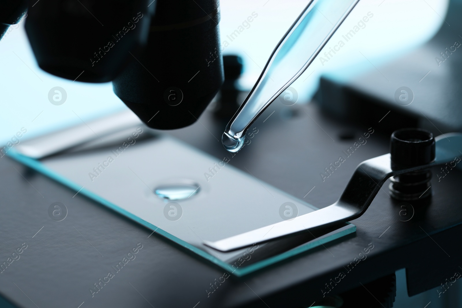 Photo of Dripping liquid from pipette onto glass slide on microscope at table, closeup