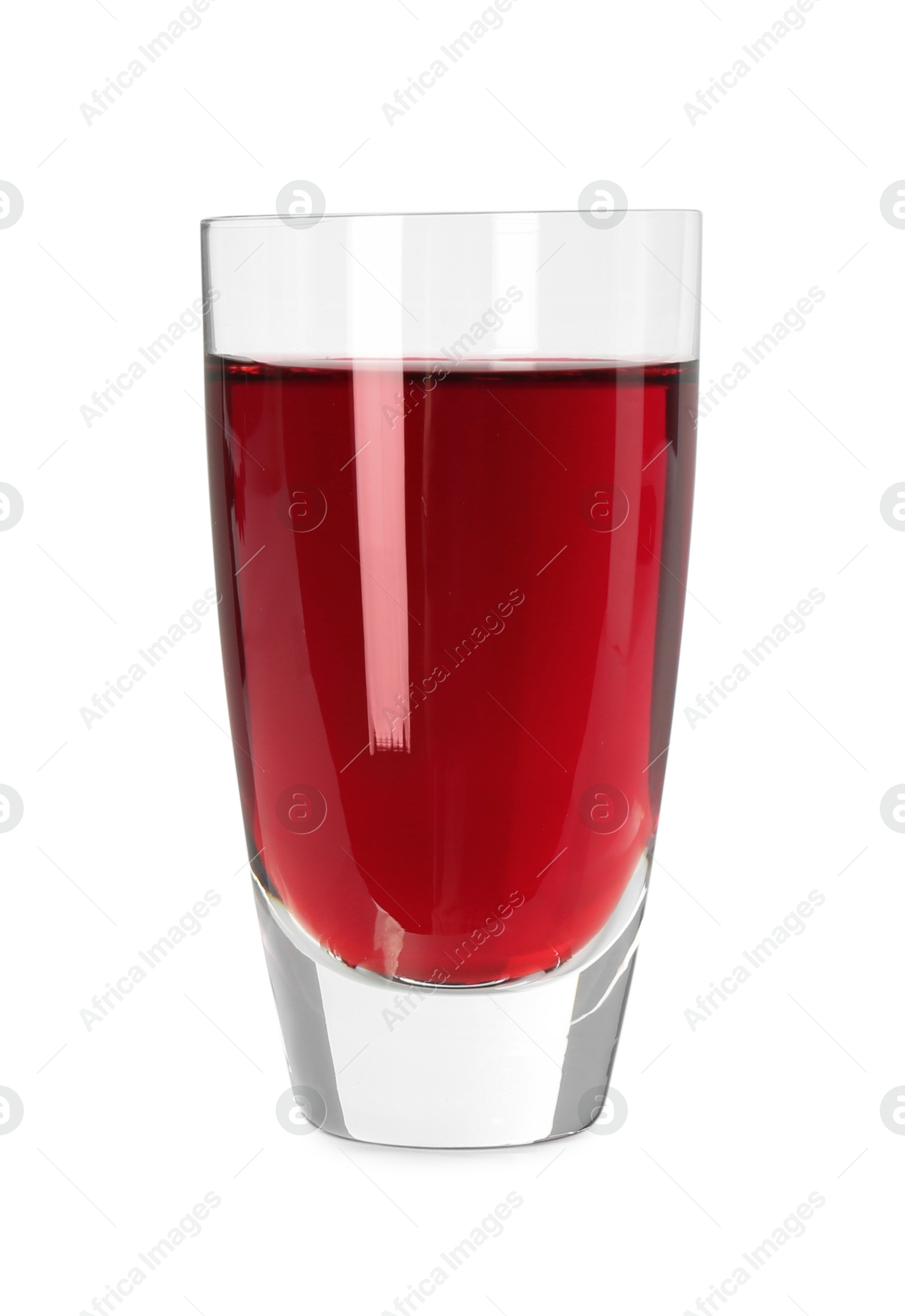 Photo of Delicious cherry liqueur in shot glass isolated on white