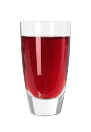 Delicious cherry liqueur in shot glass isolated on white