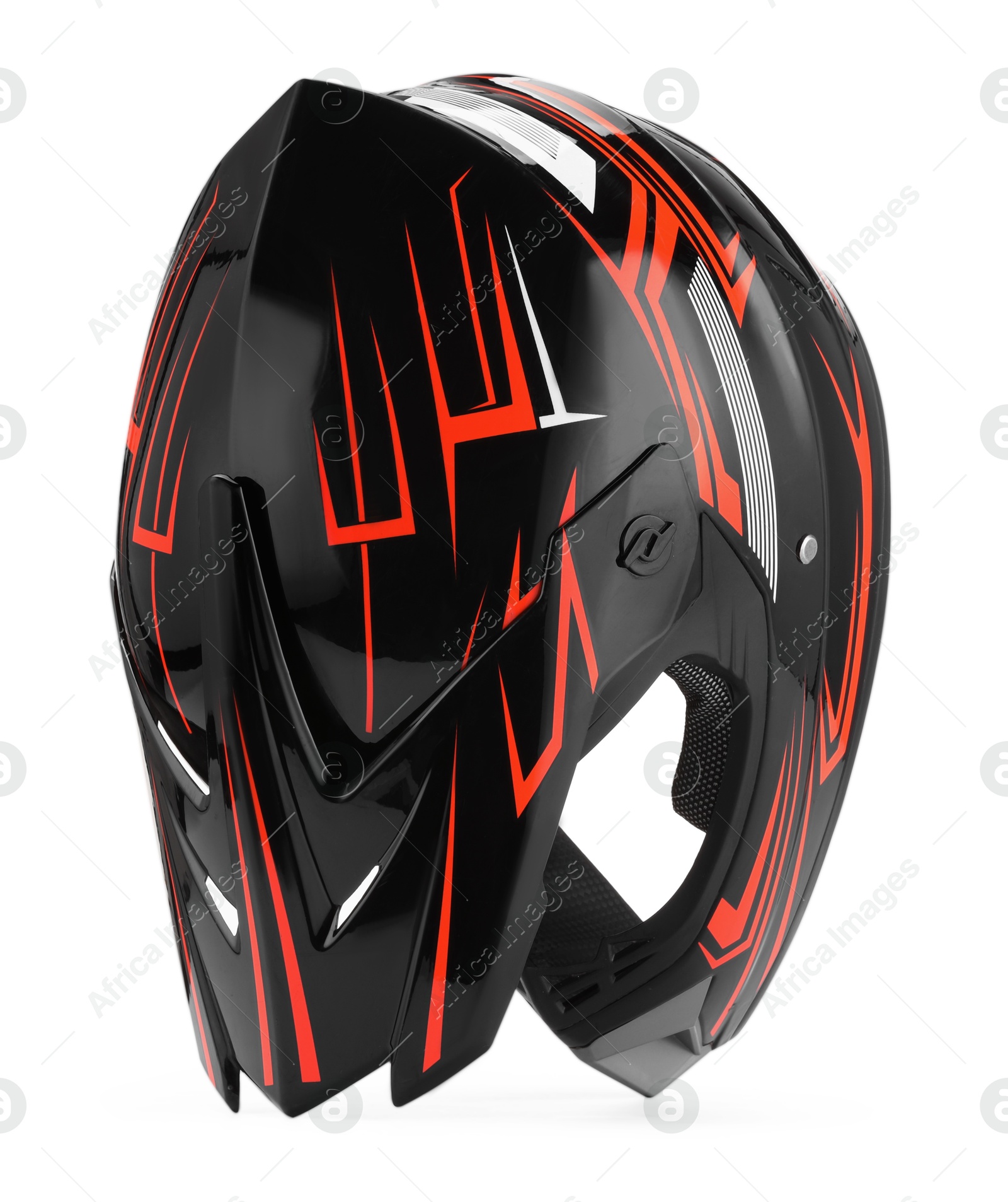 Photo of New modern motorcycle helmet isolated on white