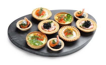 Delicious canapes with shrimps, salmon and caviar isolated on white