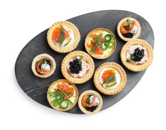 Delicious canapes with shrimps, salmon and caviar isolated on white, top view