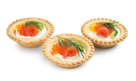 Delicious canapes with salmon and red caviar isolated on white