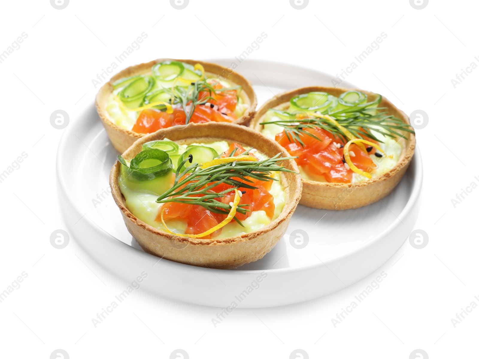 Photo of Delicious canapes with salmon isolated on white