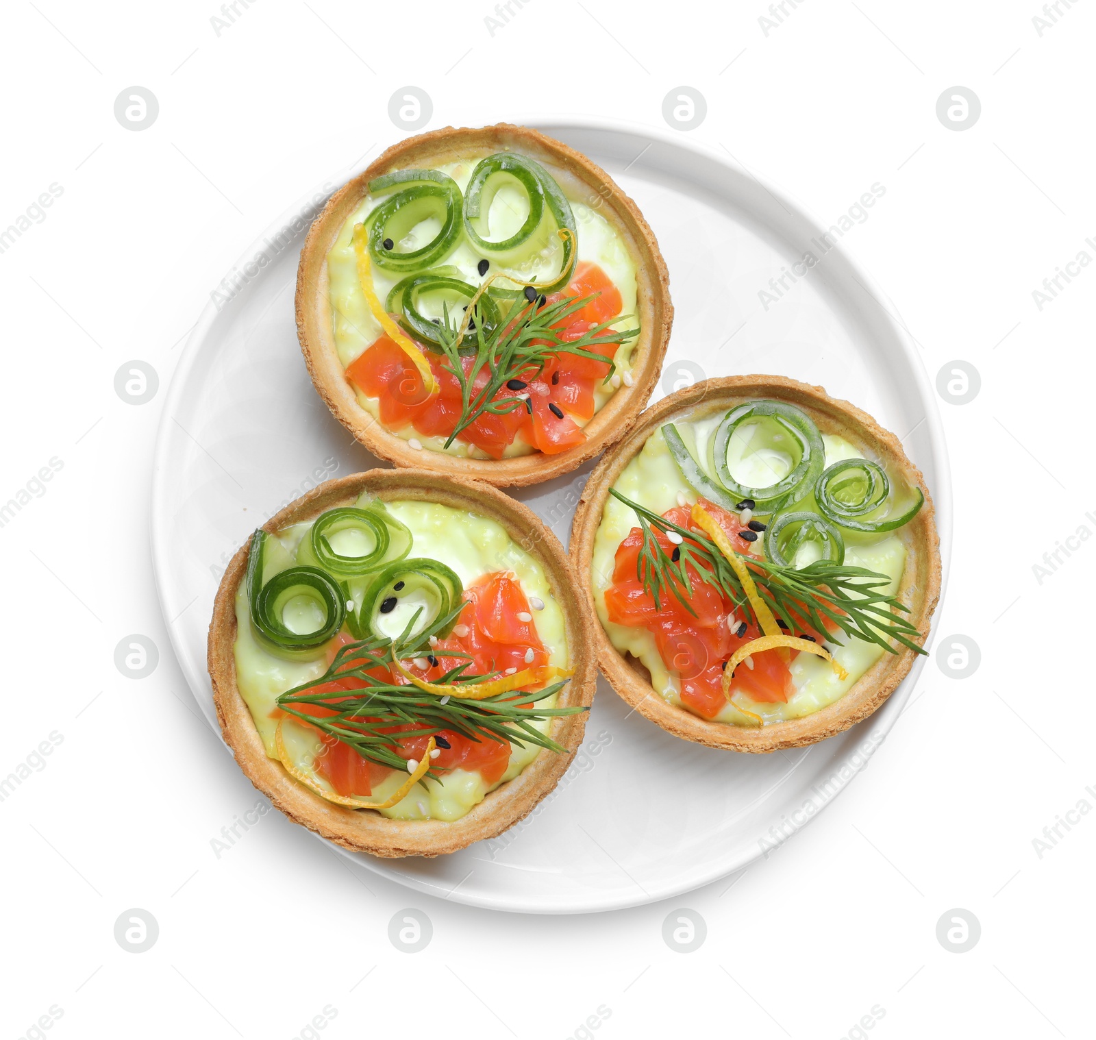 Photo of Delicious canapes with salmon isolated on white, top view