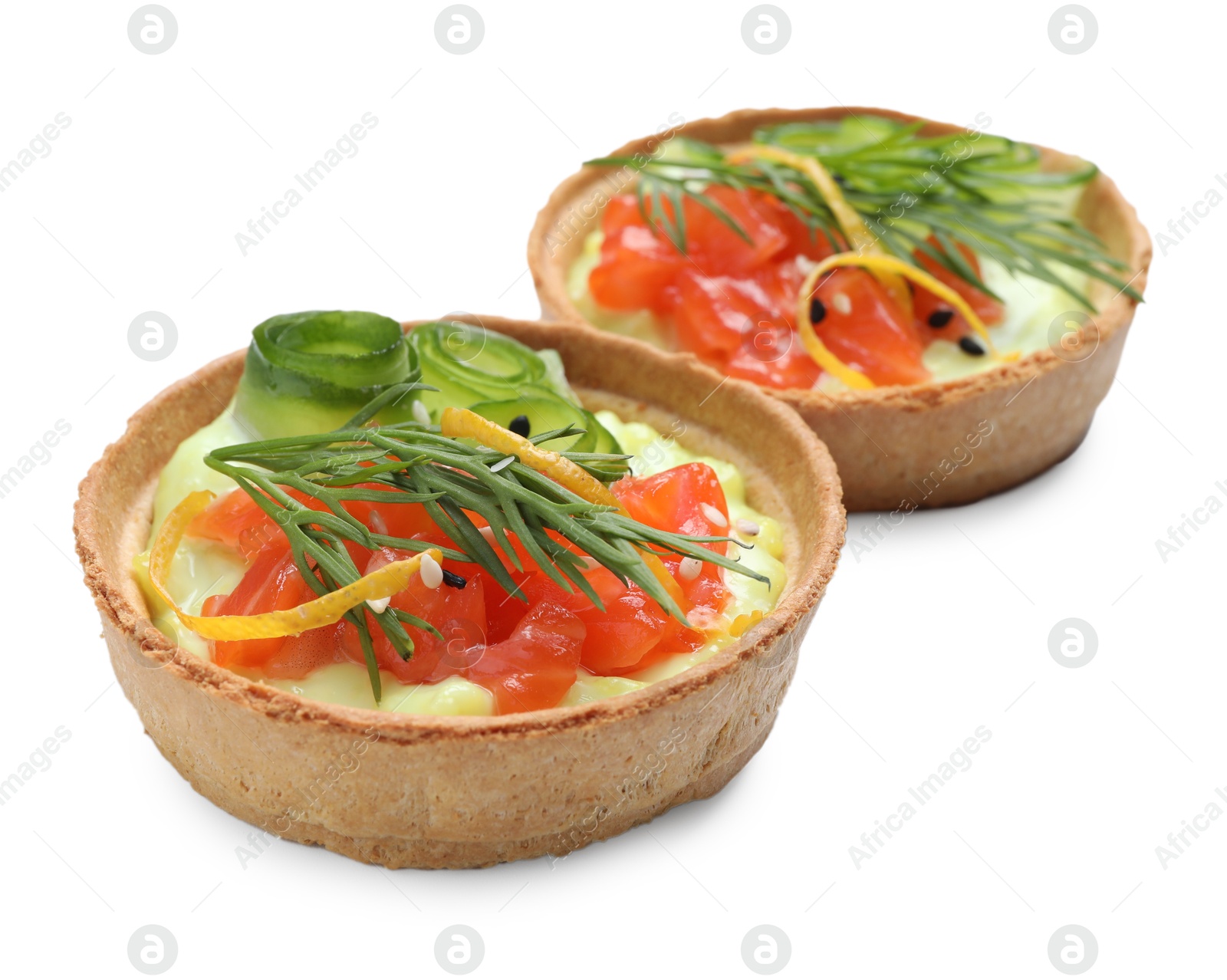 Photo of Delicious canapes with salmon isolated on white