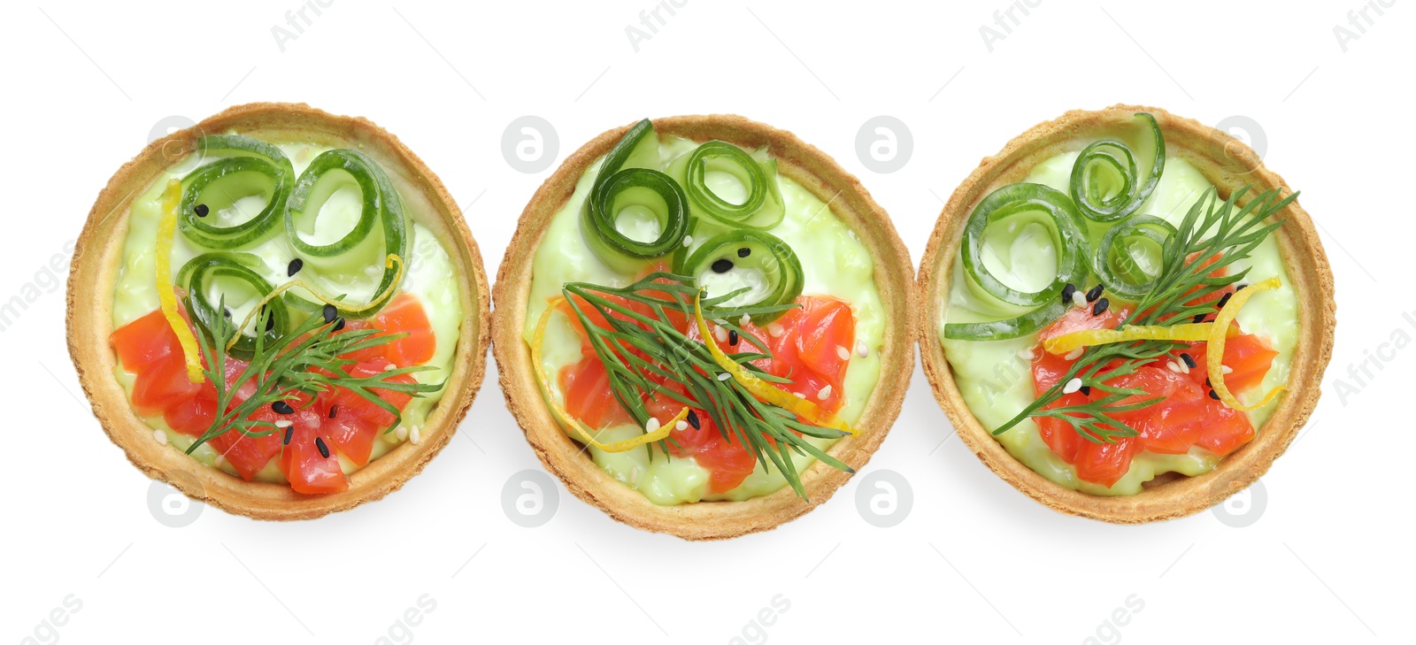 Photo of Delicious canapes with salmon isolated on white, top view