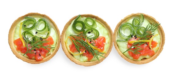 Delicious canapes with salmon isolated on white, top view