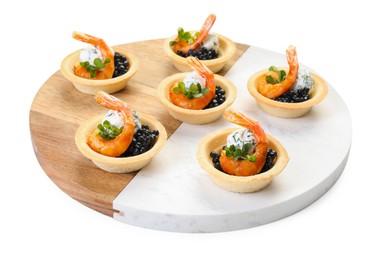 Delicious canapes with shrimps and black caviar isolated on white