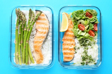 Healthy food. Different meals in glass containers on light blue background, top view