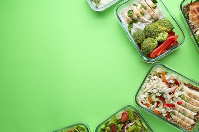 Healthy food. Different meals in glass containers on green background, flat lay. Space for text