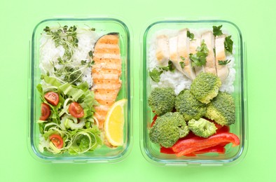 Photo of Healthy food. Different meals in glass containers on green background, top view