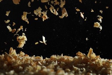 Dry natural sawdust falling on black background