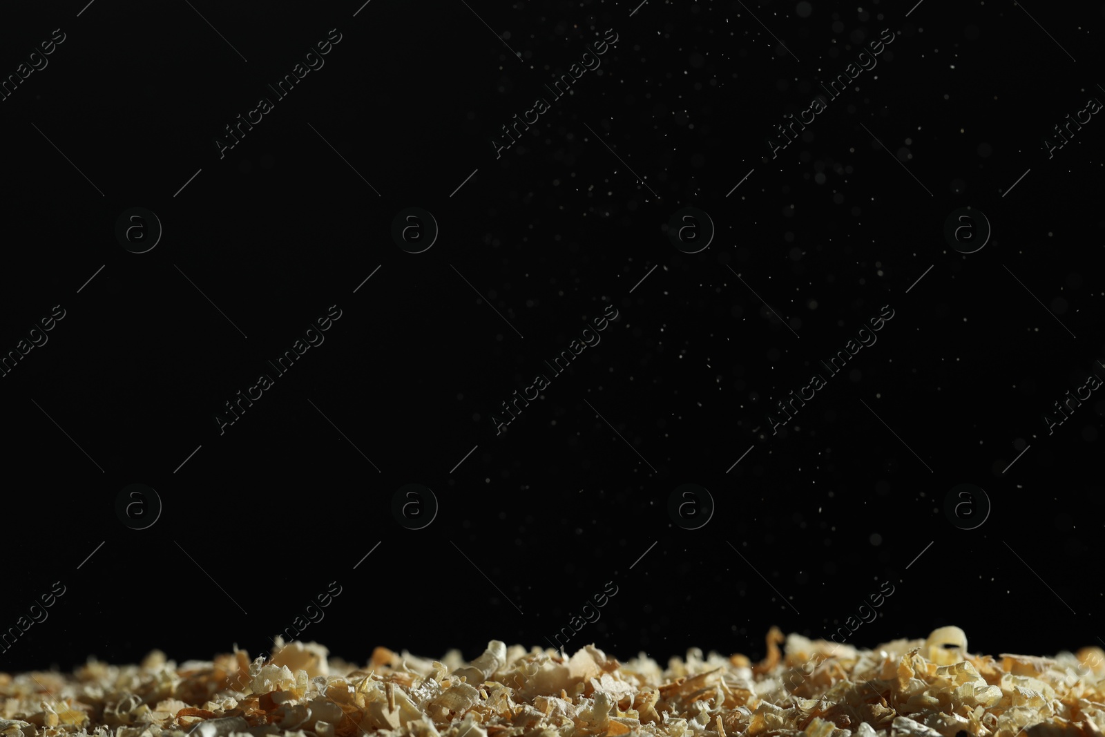 Photo of Dry natural sawdust on black background, space for text