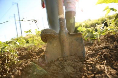 Photo of Farmer digging soil with shovel on sunny day, closeup