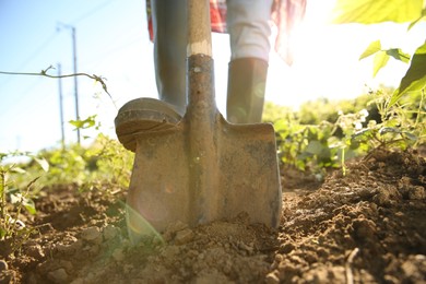 Farmer digging soil with shovel on sunny day, closeup