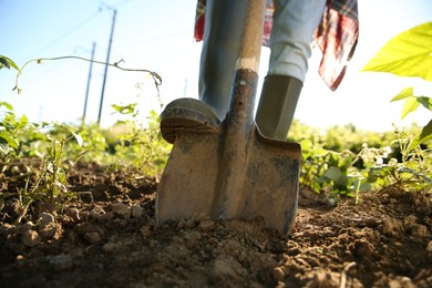 Photo of Farmer digging soil with shovel on sunny day, closeup