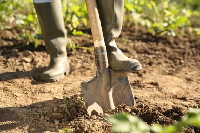 Farmer digging soil with shovel on sunny day, closeup