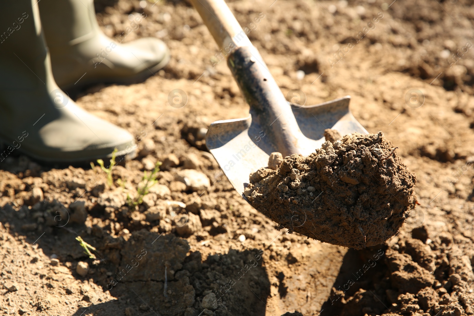 Photo of Farmer digging soil with shovel on sunny day, closeup