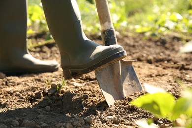 Photo of Farmer digging soil with shovel on sunny day, closeup