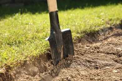 One shovel sticking out of ground on sunny day. Gardening season