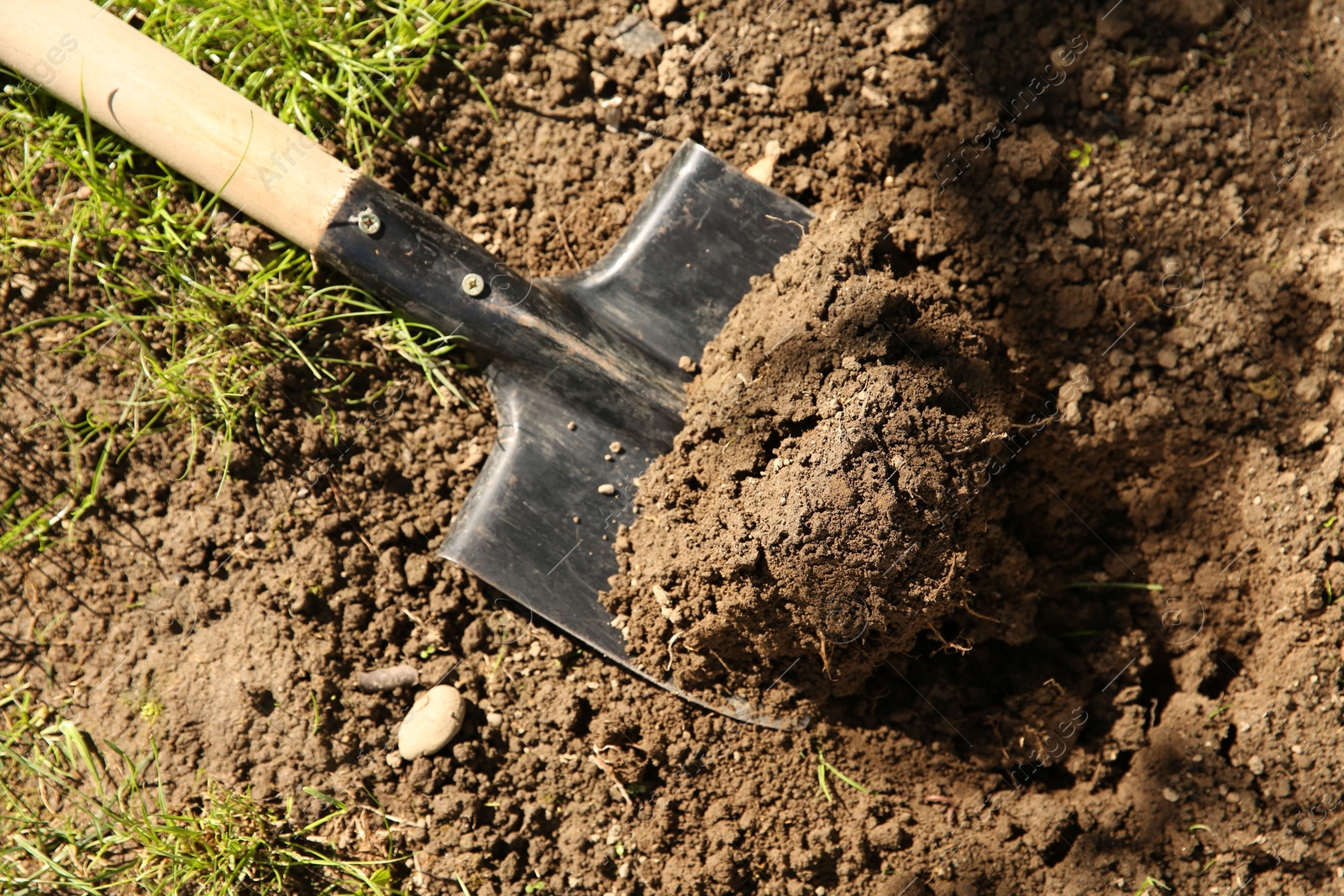 Photo of One shovel with soil on ground on sunny day, top view. Gardening season