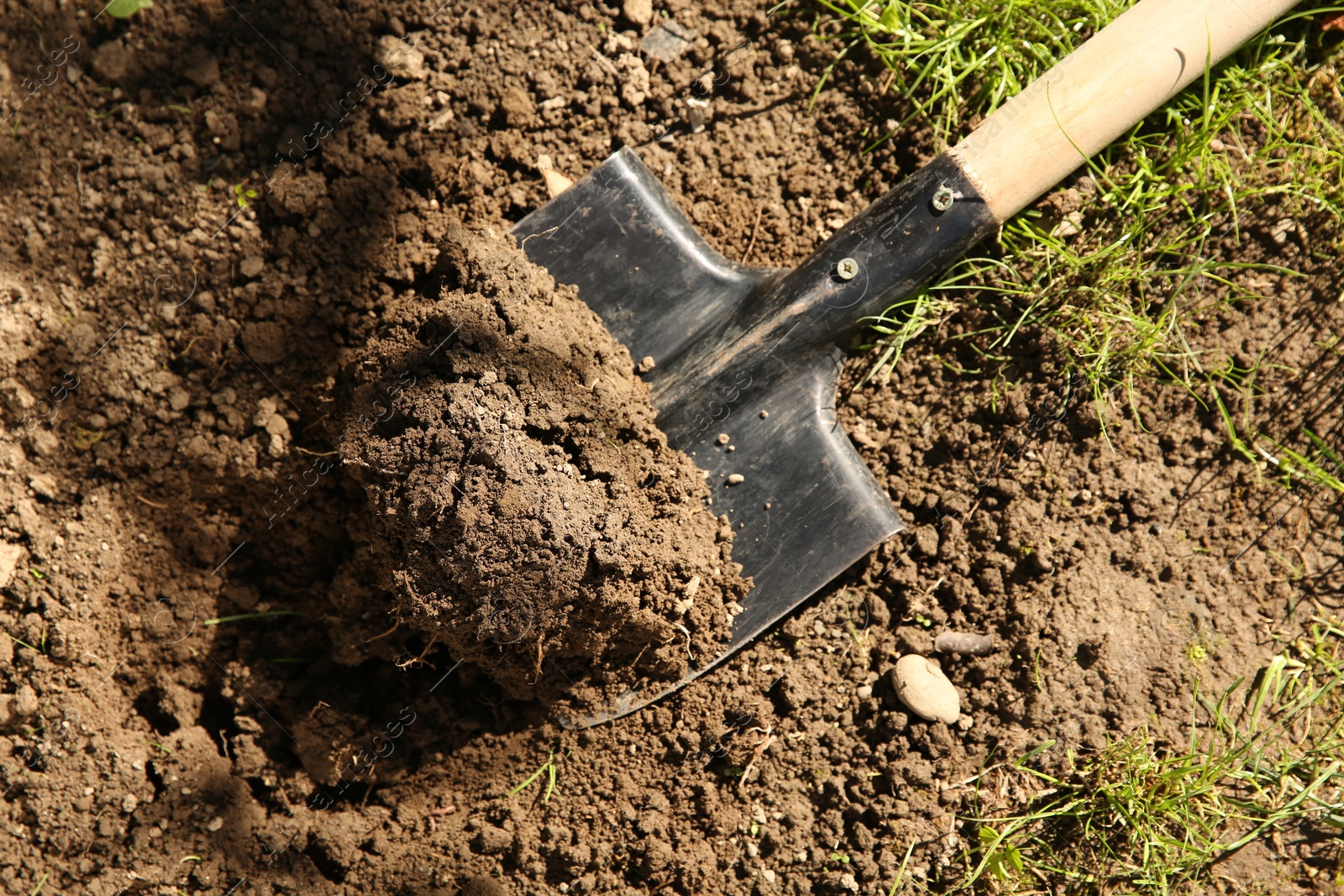 Photo of One shovel with soil on ground on sunny day, top view. Gardening season