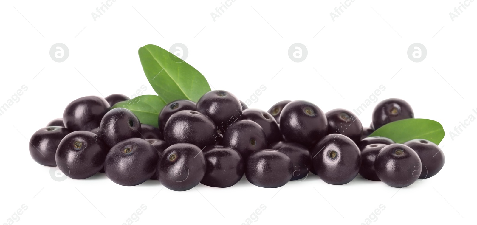 Photo of Fresh ripe acai berries and green leaves isolated on white