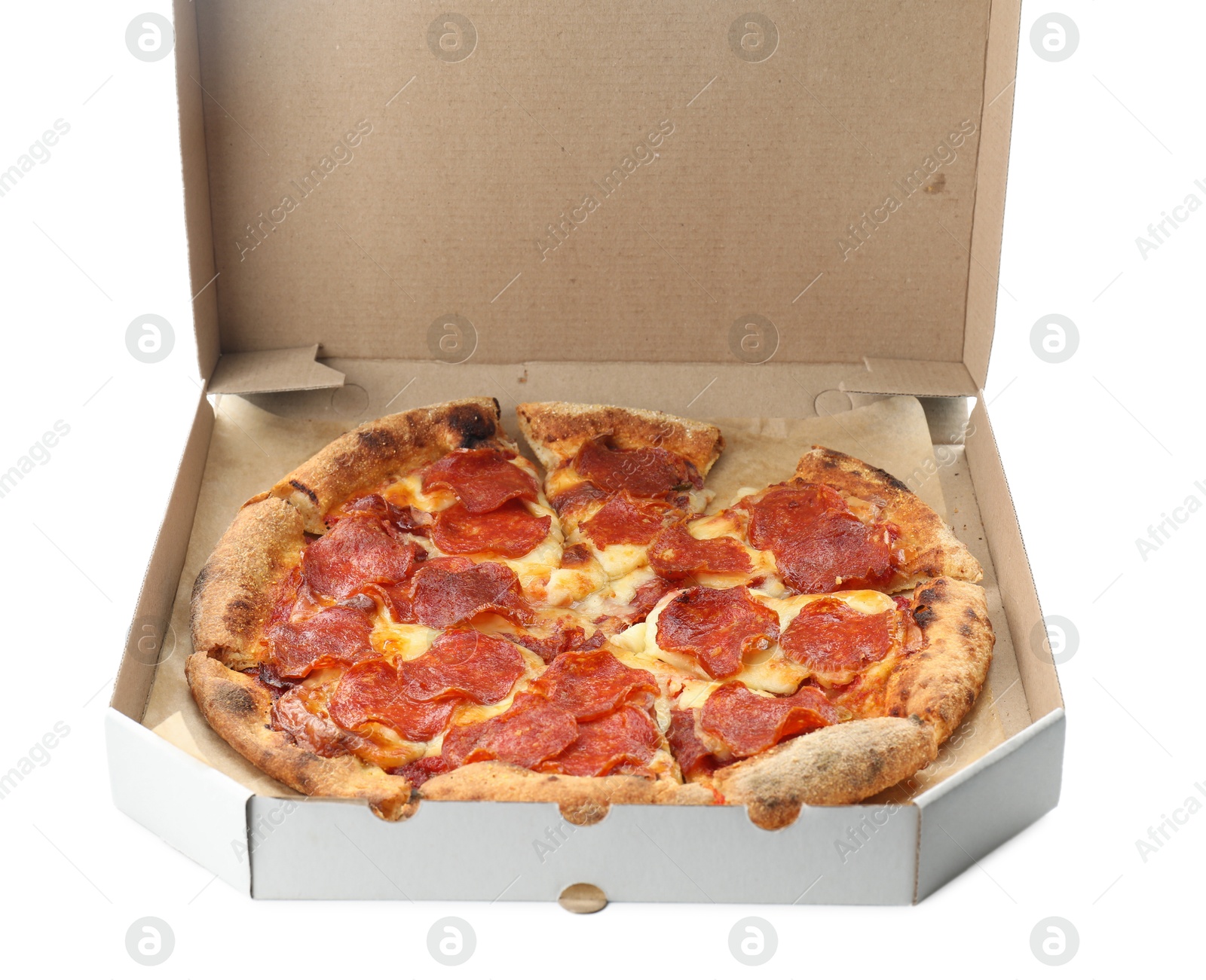 Photo of Tasty pepperoni pizza in cardboard box isolated on white