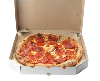 Tasty pepperoni pizza in cardboard box isolated on white