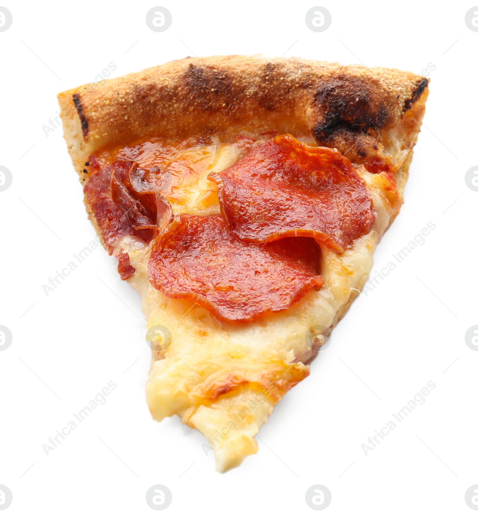 Photo of Piece of tasty pepperoni pizza isolated on white