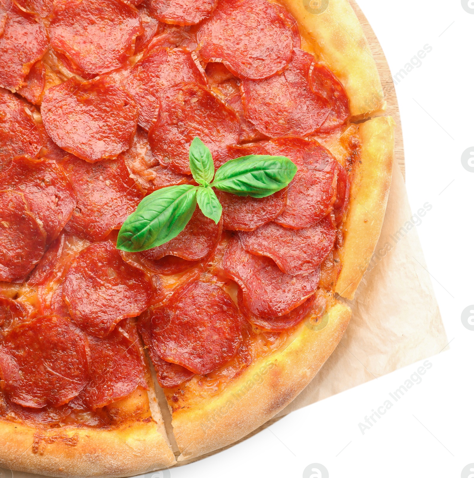 Photo of Tasty pepperoni pizza isolated on white, top view