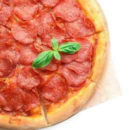 Photo of Tasty pepperoni pizza isolated on white, top view