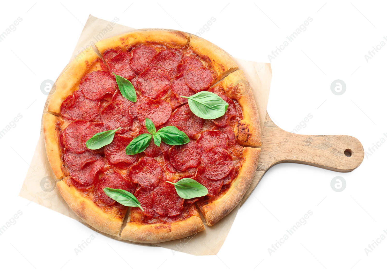 Photo of Tasty pepperoni pizza with basil isolated on white, top view