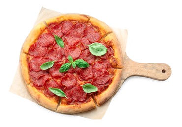 Tasty pepperoni pizza with basil isolated on white, top view