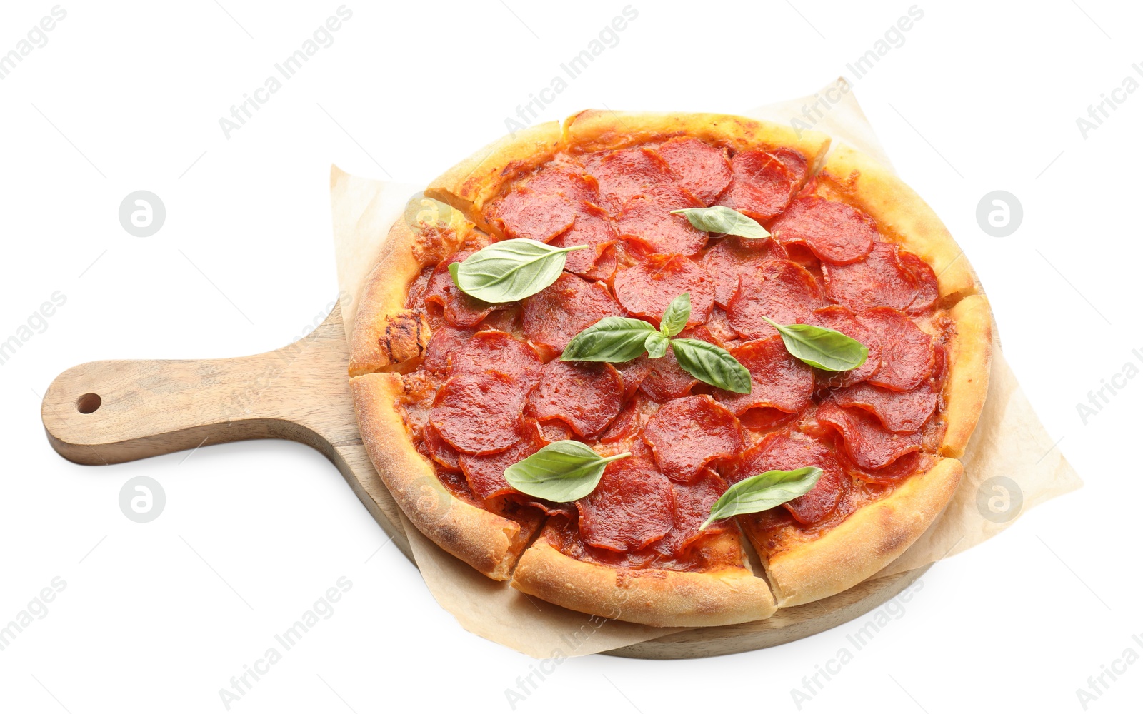 Photo of Tasty pepperoni pizza with basil isolated on white