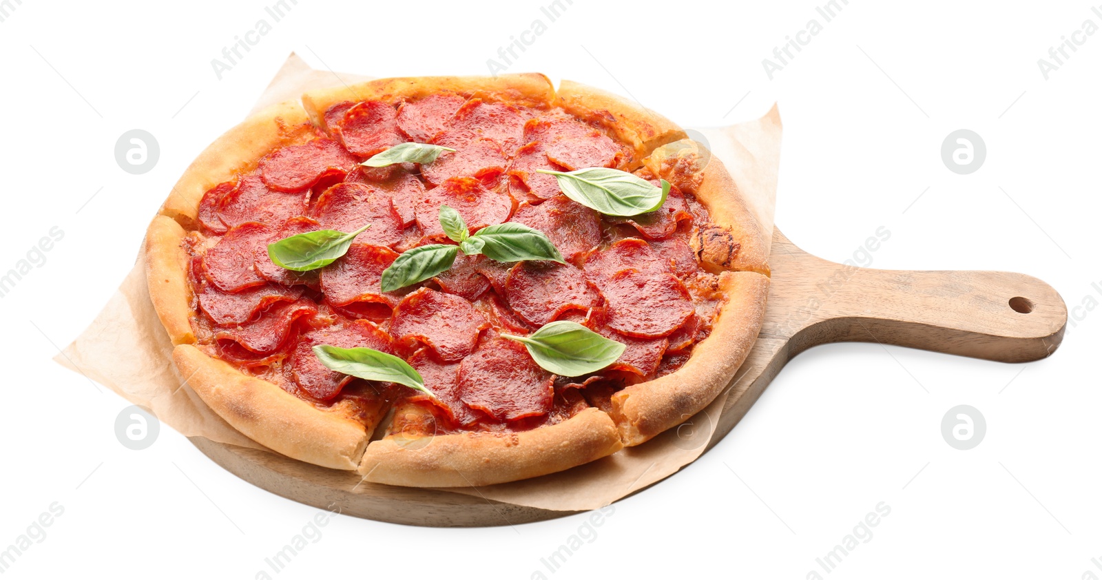 Photo of Tasty pepperoni pizza with basil isolated on white