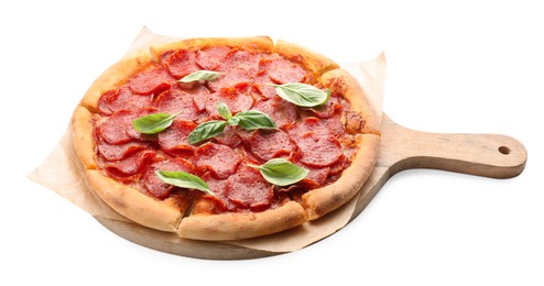 Photo of Tasty pepperoni pizza with basil isolated on white