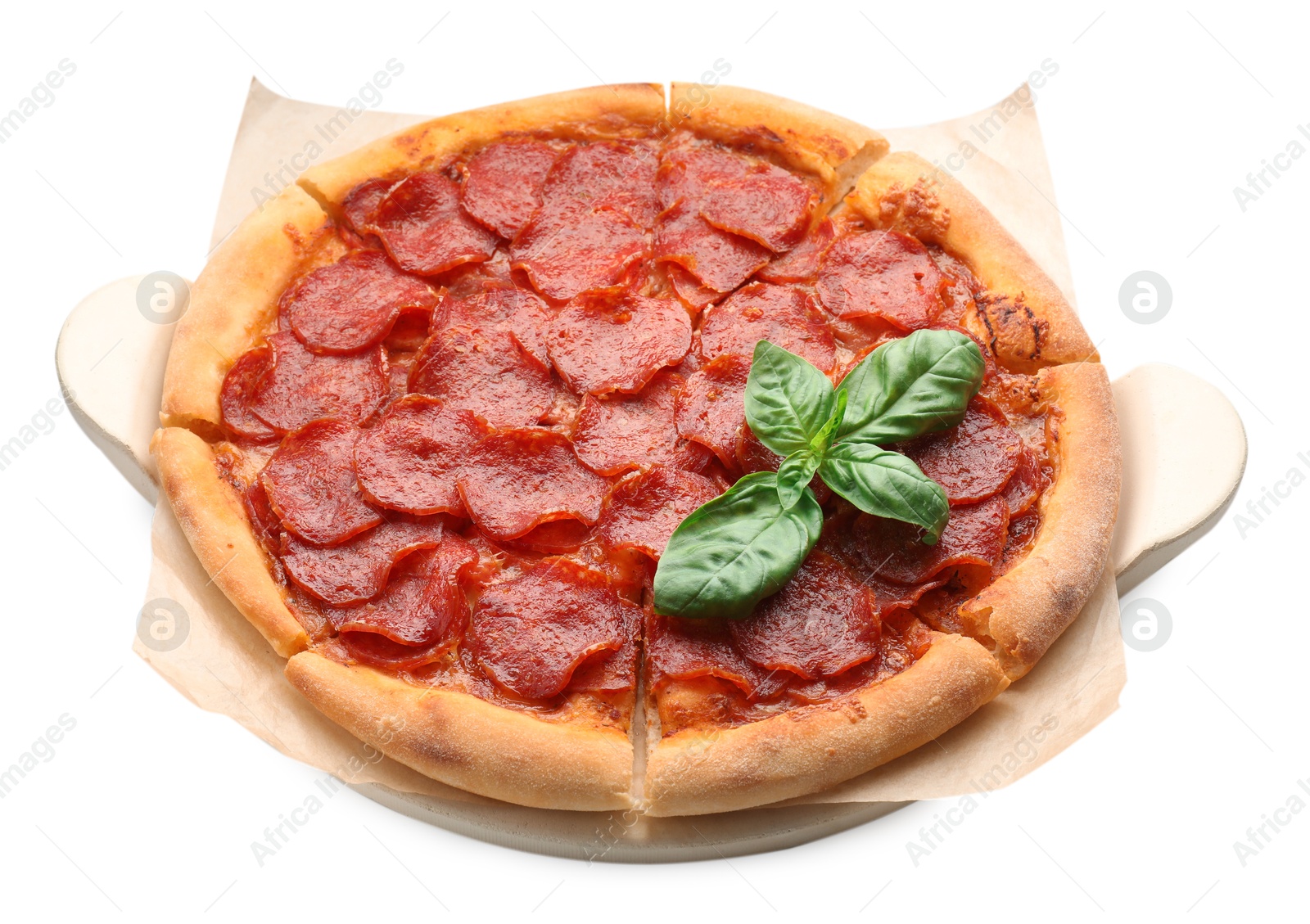 Photo of Tasty hot pepperoni pizza isolated on white