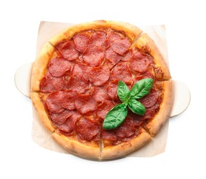 Tasty pepperoni pizza isolated on white, top view