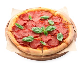 Photo of Tasty pepperoni pizza with basil isolated on white