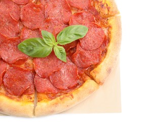 Photo of Tasty pepperoni pizza with basil isolated on white, top view