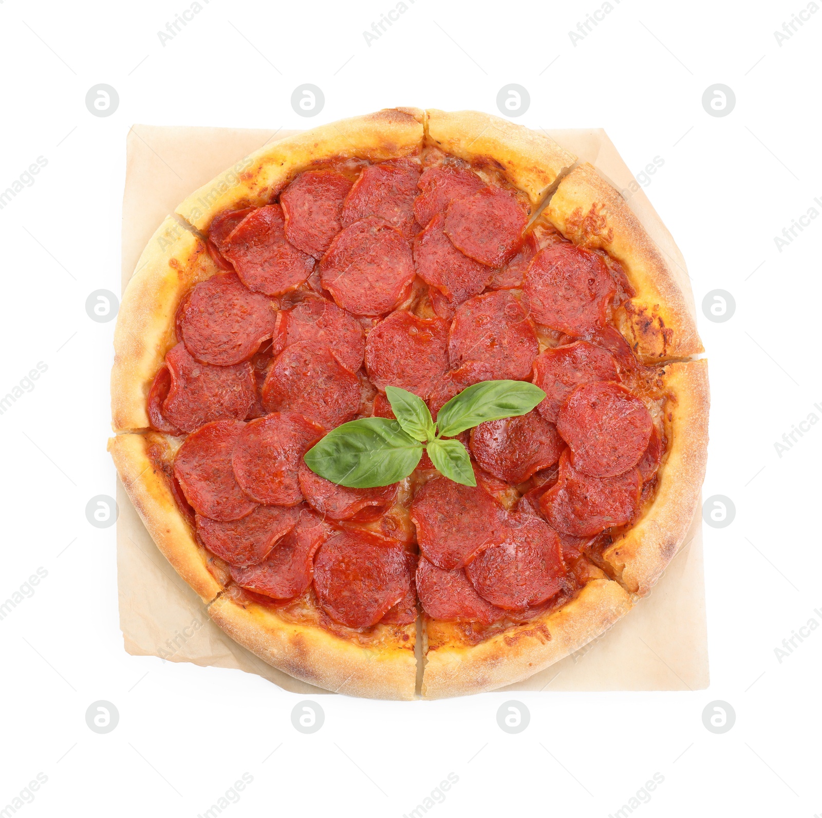 Photo of Tasty pepperoni pizza with basil isolated on white, top view